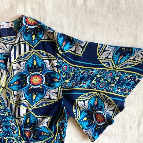 Boho Geometric Print Romper Flare Sleeve Short Jumpsuit Blue Red Turquoise Sz M - Picture 5 of 9